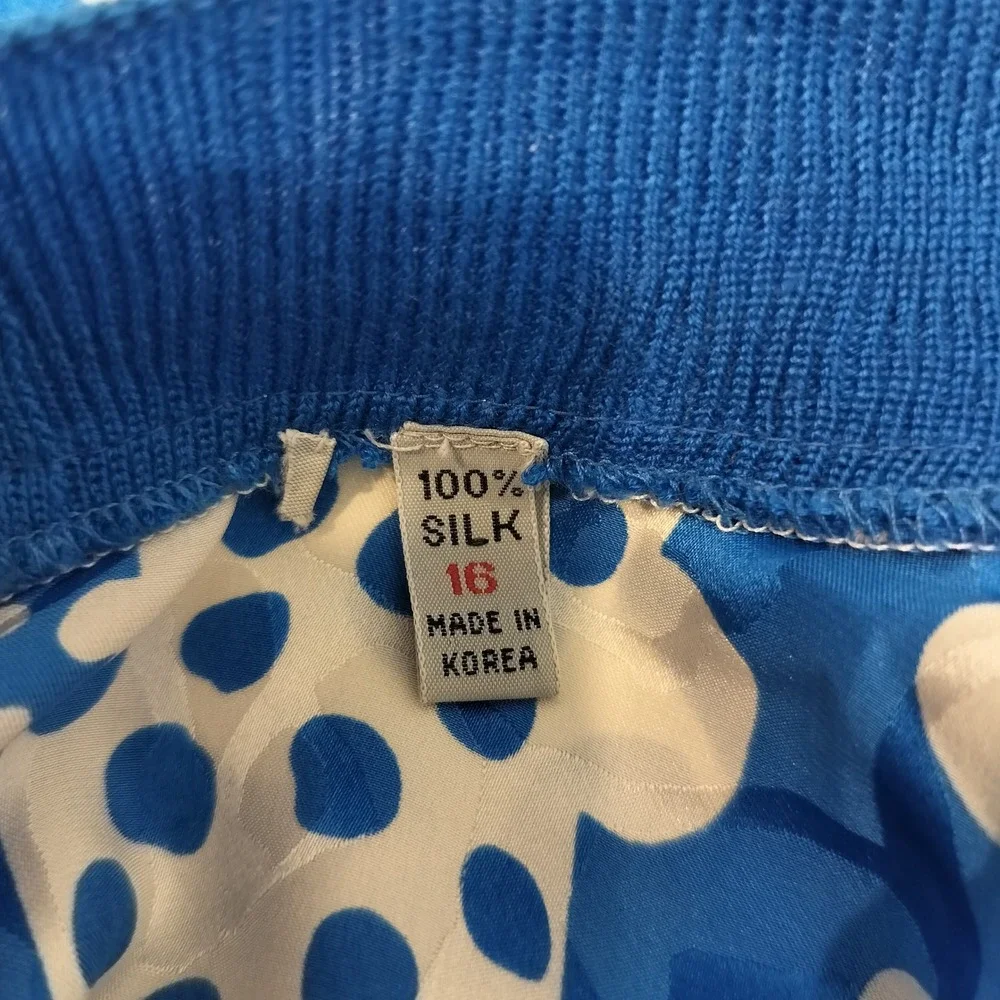 Vintage Polka Dot Silk Cardigan 16 Womens Balloon Sleeve Ribbed Cuff Blue Bold